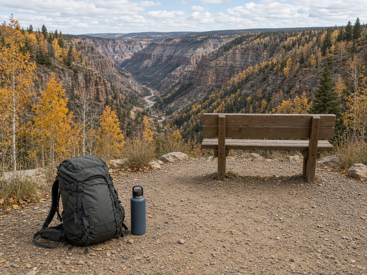 A daypack on a quiet overlook after Labor Day. The park is still a park. The crowd is thinner, not gone.