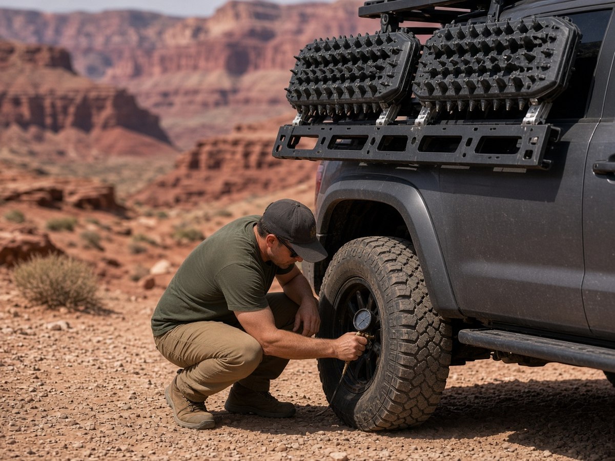Traction boards mounted and tire pressure checked before the trail gets technical. Shoulder-season overlanding rewards preparation over improvisation.