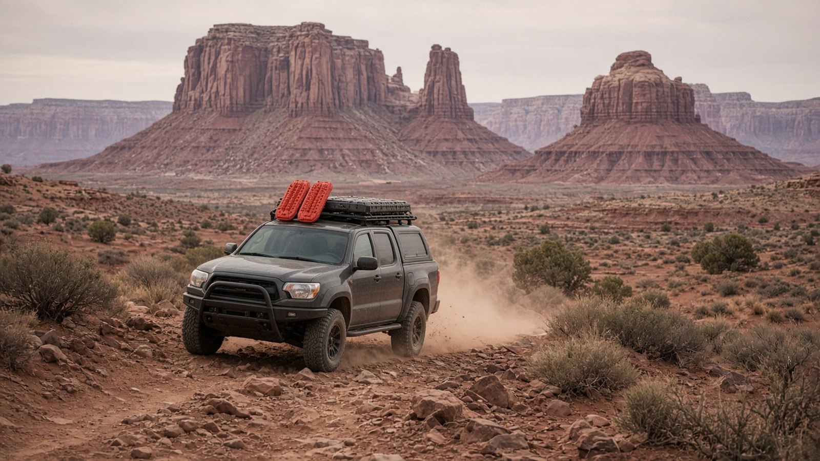 An overland-equipped pickup truck with a roof rack driving a red rock desert trail in the Southwest during shoulder season