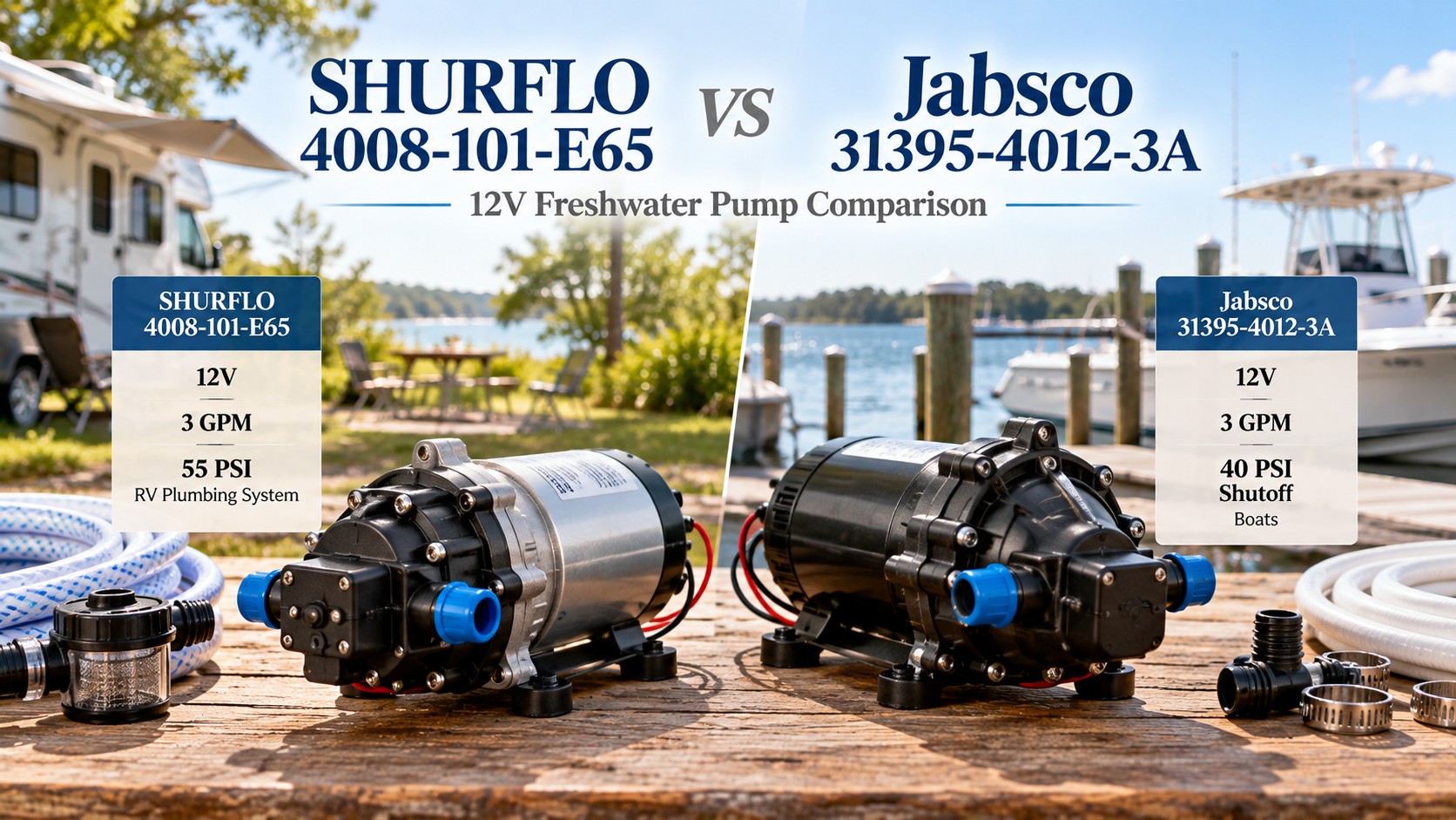 SHURFLO 4008-101-E65 and Jabsco 31395-4012-3A on a dock, magazine cover headline SHURFLO 4008-101-E65 vs Jabsco 31395-4012-3A