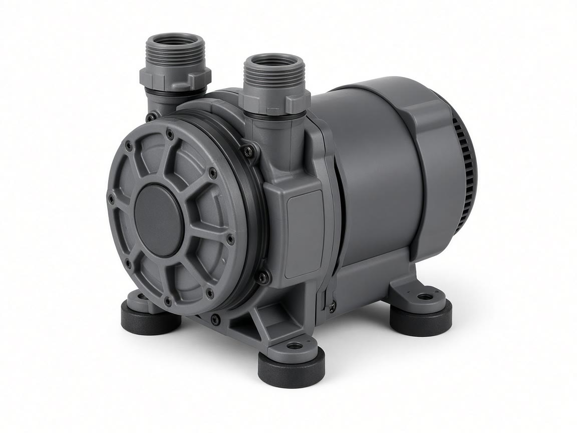 Gray diaphragm water pump on a plain background.