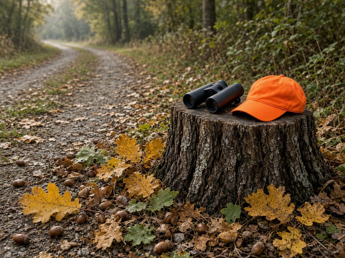 Monday oak mast on a public two-track after the weekend trucks leave. The crown is the hunt. The walk is slower than Saturday.