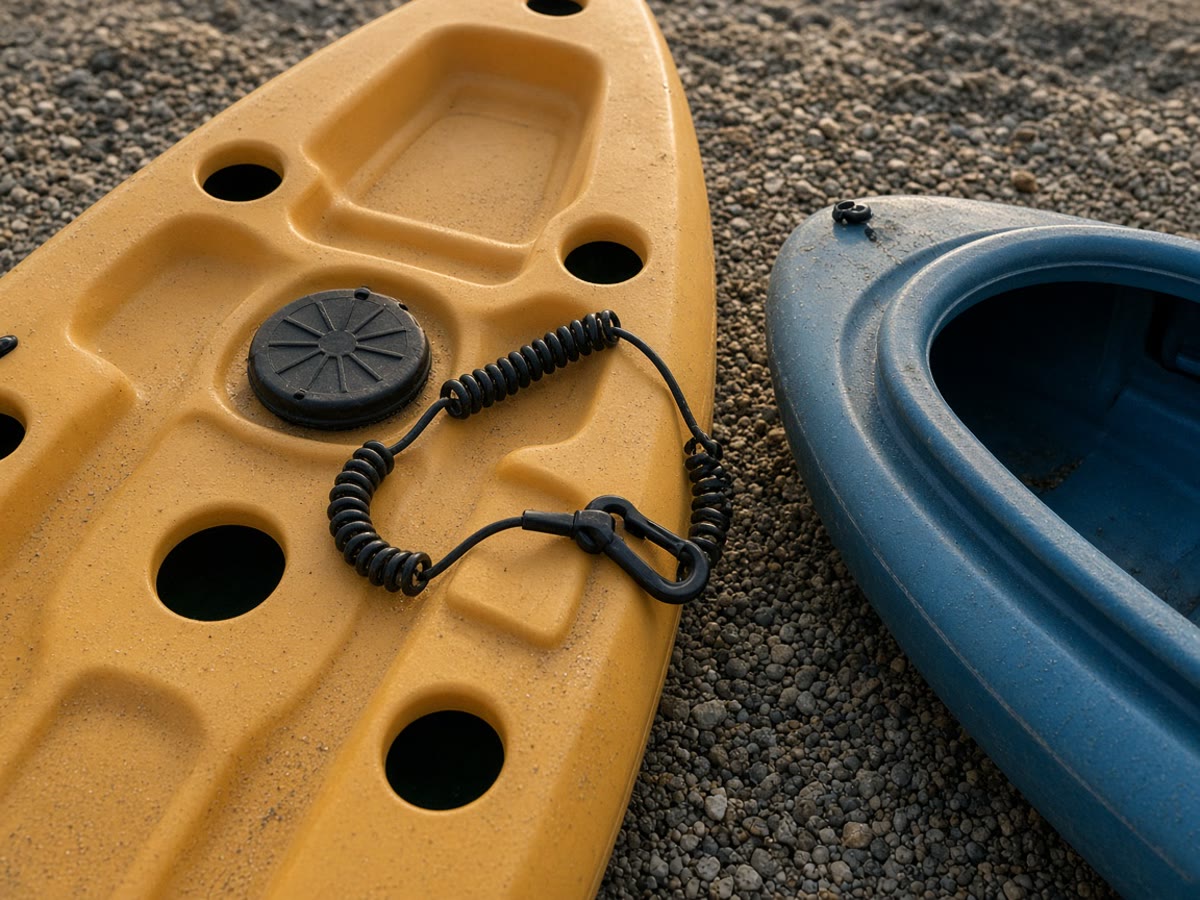 A yellow sit-on-top and a blue sit-inside on a quiet lake shore. The vest stays on either hull.