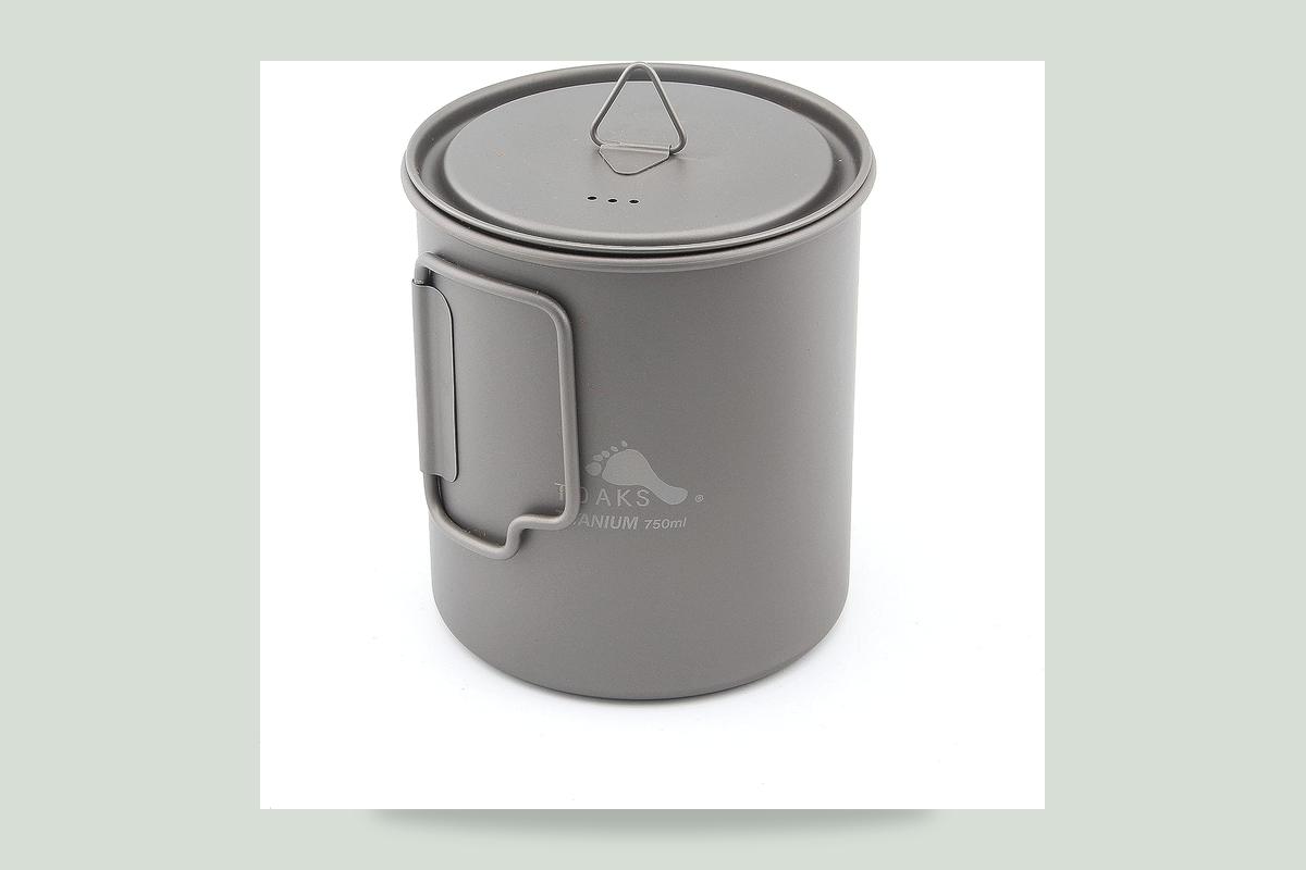 TOAKS titanium 750 milliliter pot with lid and folding handles, model POT-750.