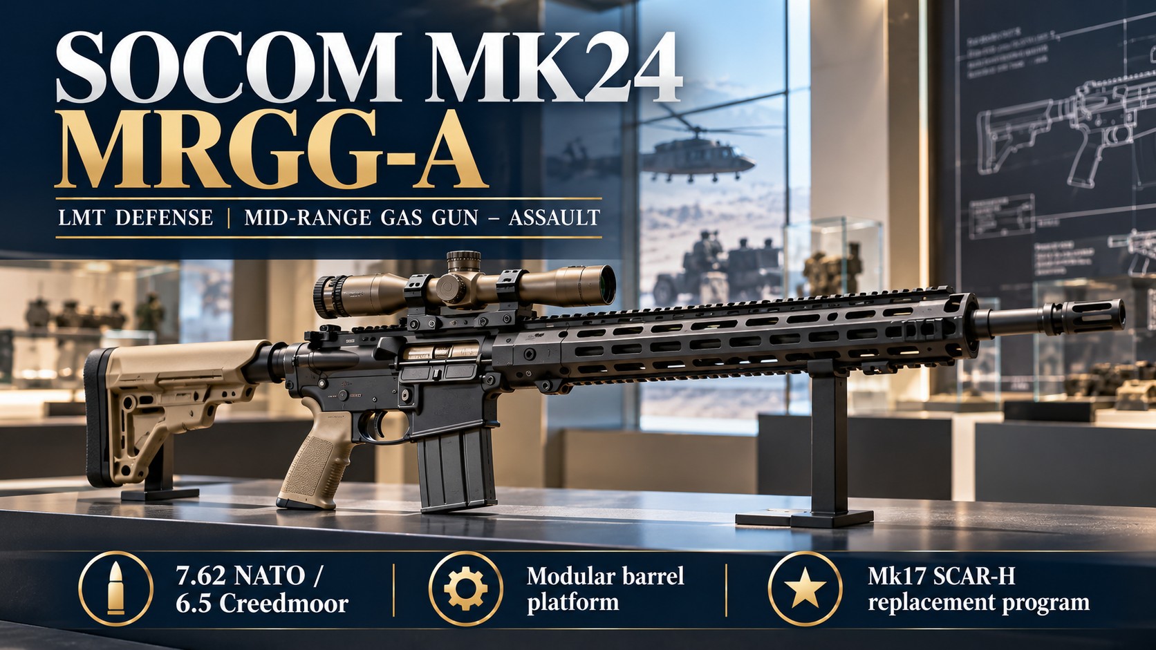 SOCOM MK24 MRGG-A — LMT Defense mid-range gas gun assault — 7.62 NATO / 6.5 Creedmoor, modular barrel, Mk17 SCAR-H replacement.