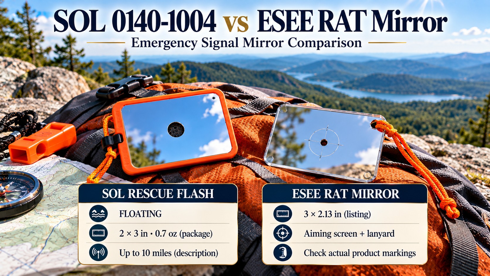 Two signal mirrors on a pack, headline SOL 0140-1004 vs ESEE RAT Mirror
