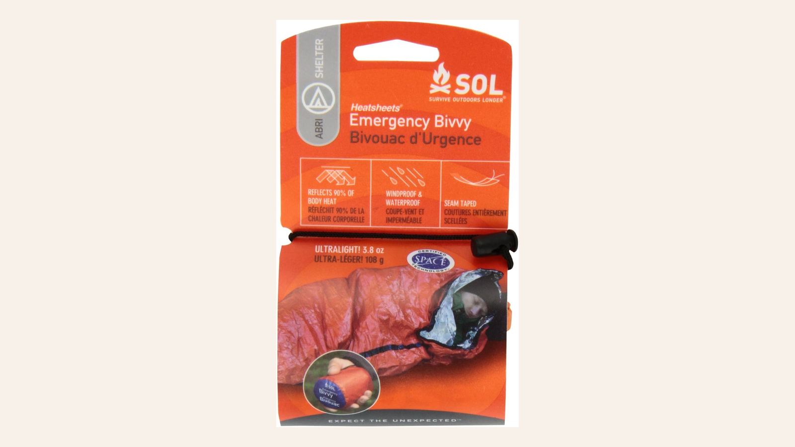 SOL emergency bivvy packed in a compact stuff sack