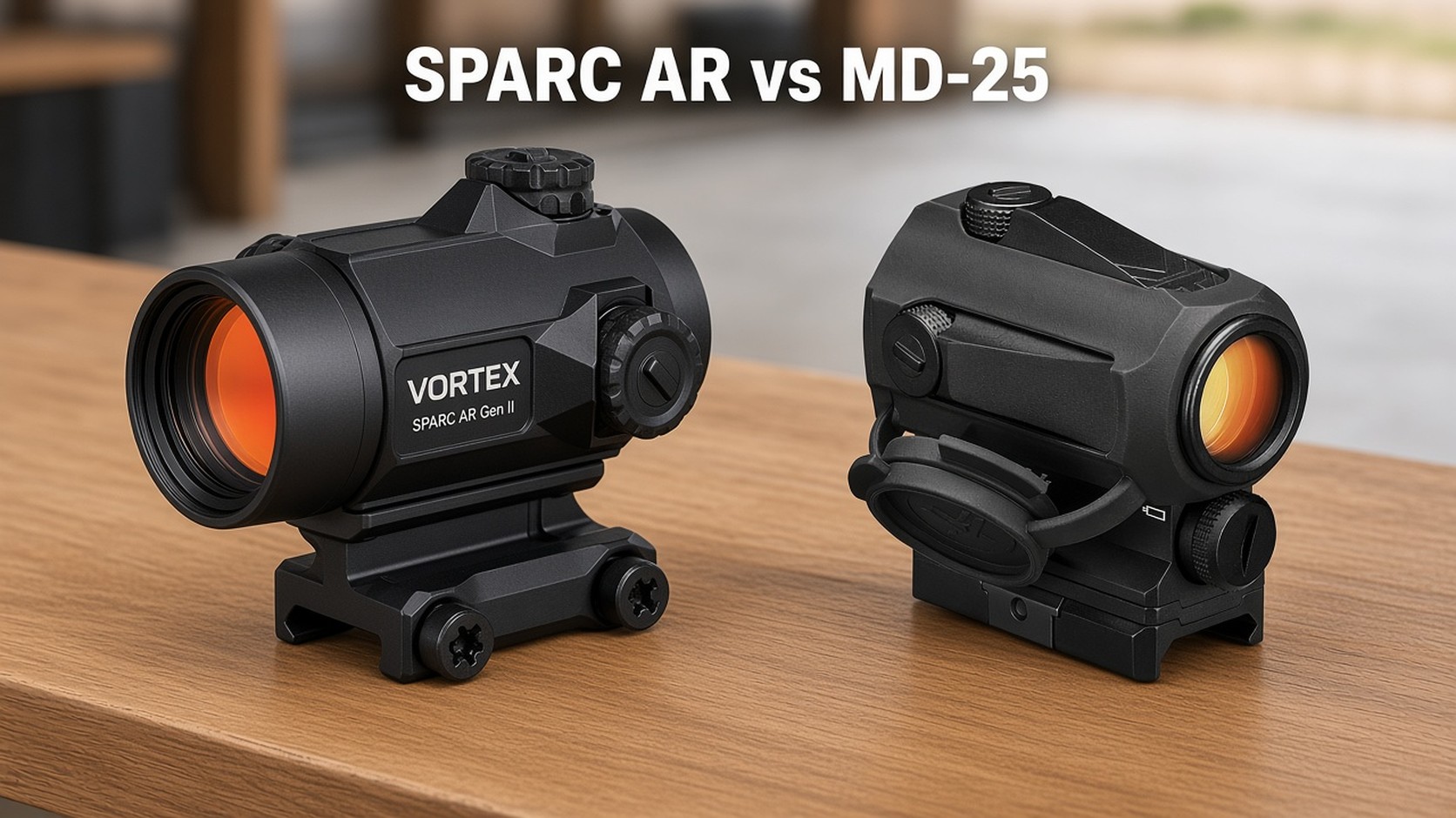 Two red-dot optics on a bench, headline SPARC AR Gen II vs MD-25 Gen II
