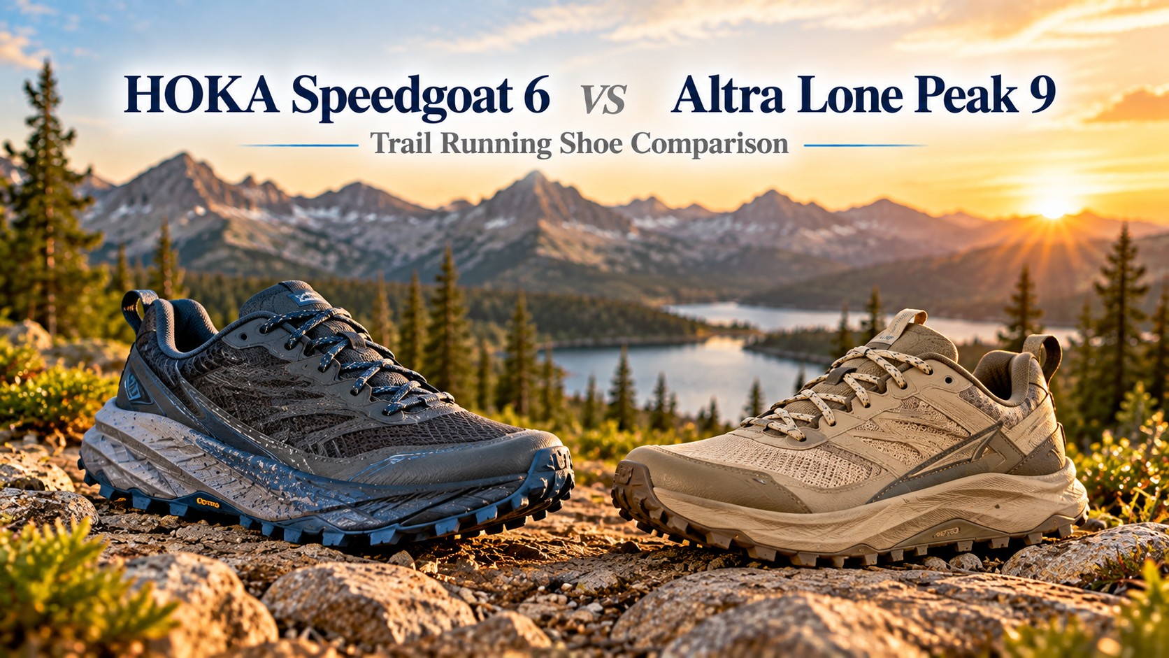 HOKA Speedgoat 6 and Altra Lone Peak 9 at a mountain lake, magazine cover headline HOKA Speedgoat 6 vs Altra Lone Peak 9