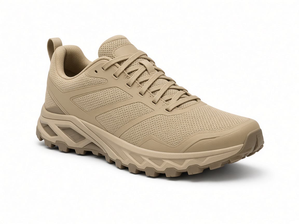 Tan trail-running shoe on a plain background.