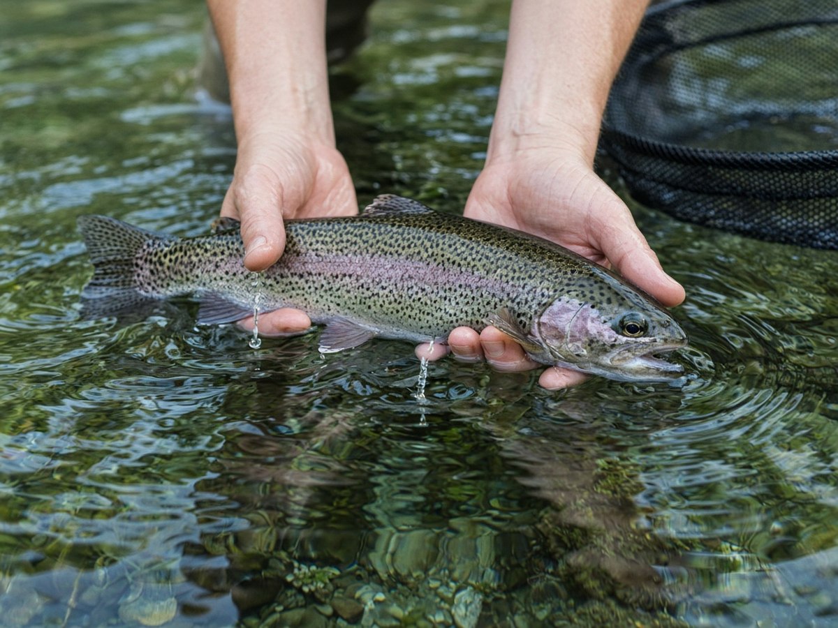 A wild rainbow released back into a clearing spring creek. Runoff water is not dead water — it is water most anglers skip.