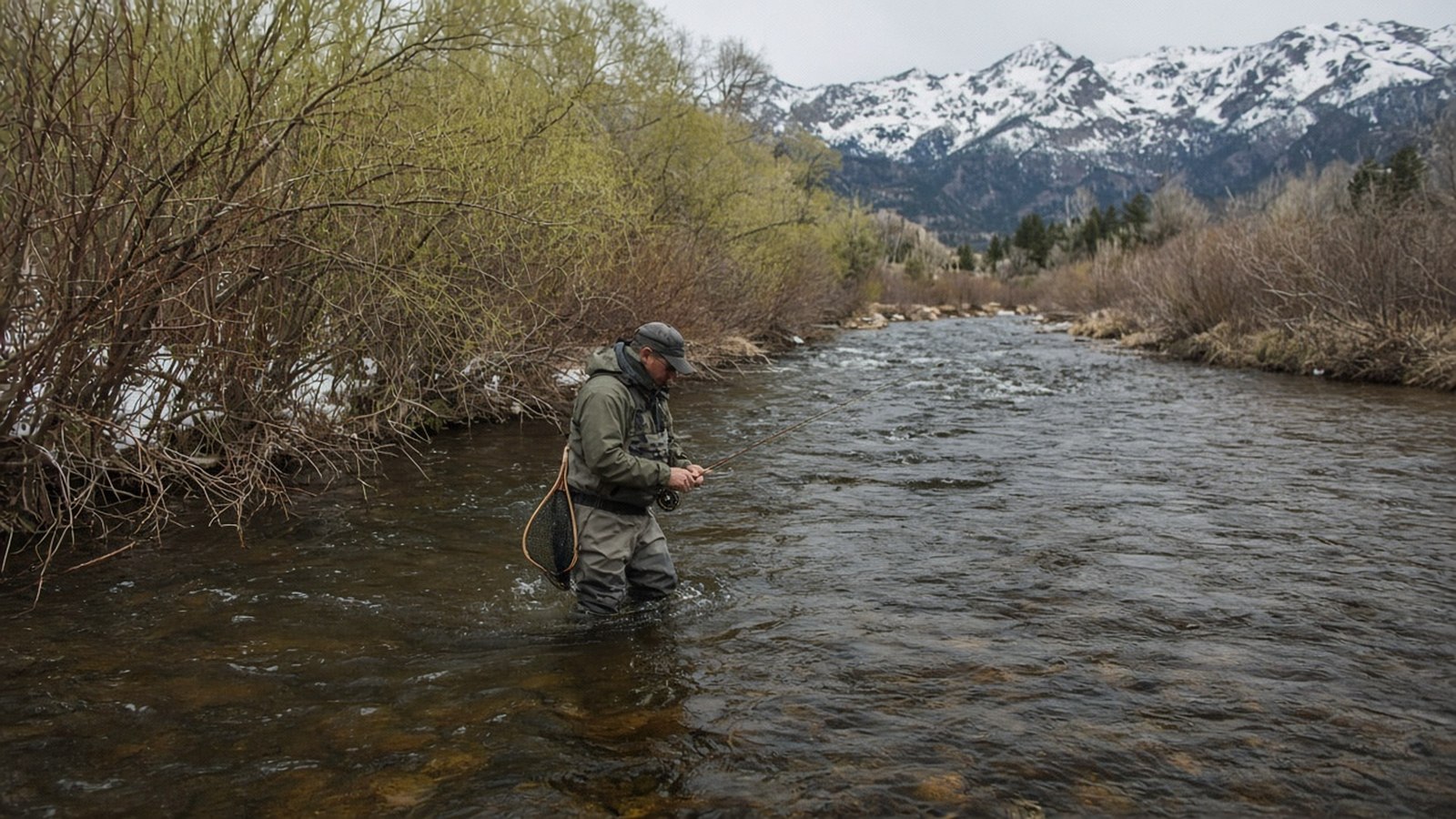 Fly angler wading a clear spring creek a few days after spring runoff with mountains in the background