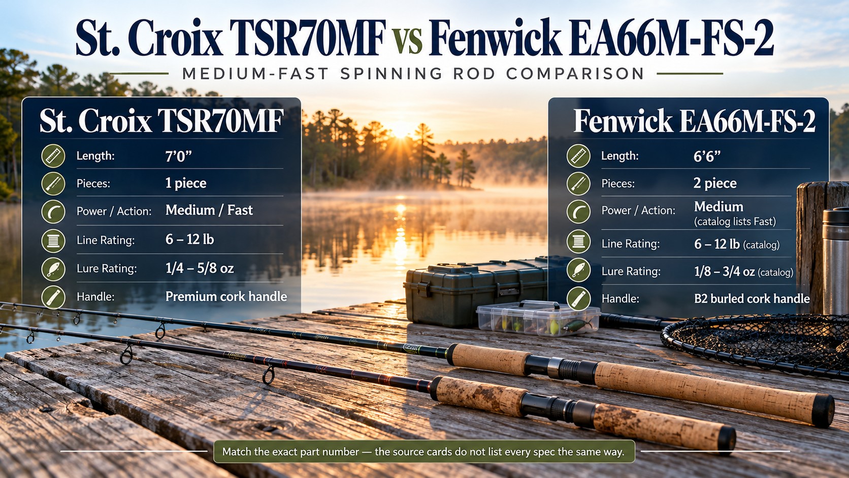 Two spinning rods on a dock, poster headline St. Croix TSR70MF vs Fenwick EA66M-FS-2