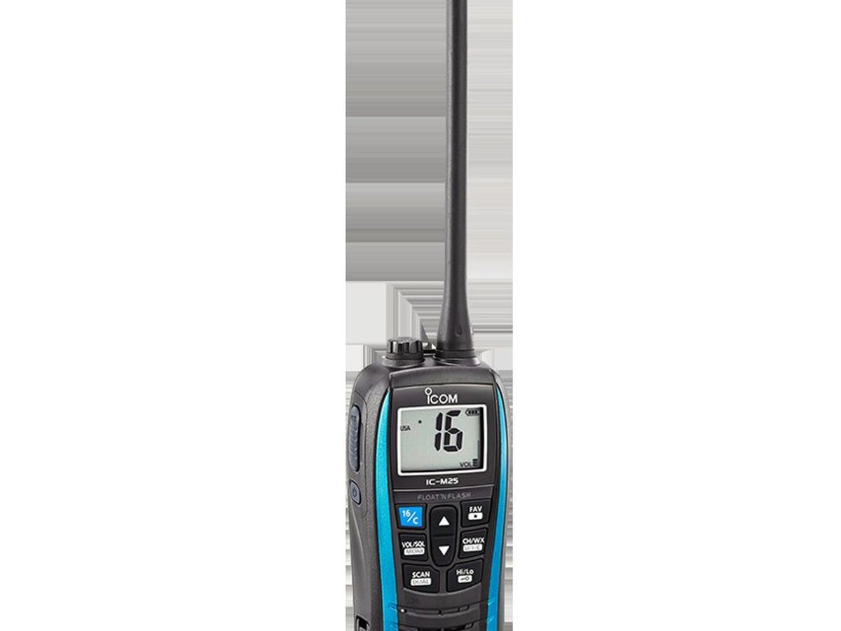 Icom IC-M25 floating handheld marine VHF, navy blue.
