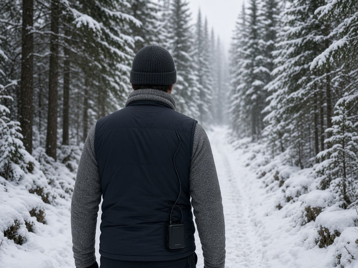 A heated vest over a merino, a battery you charged at the house. Wind still wants a shell.
