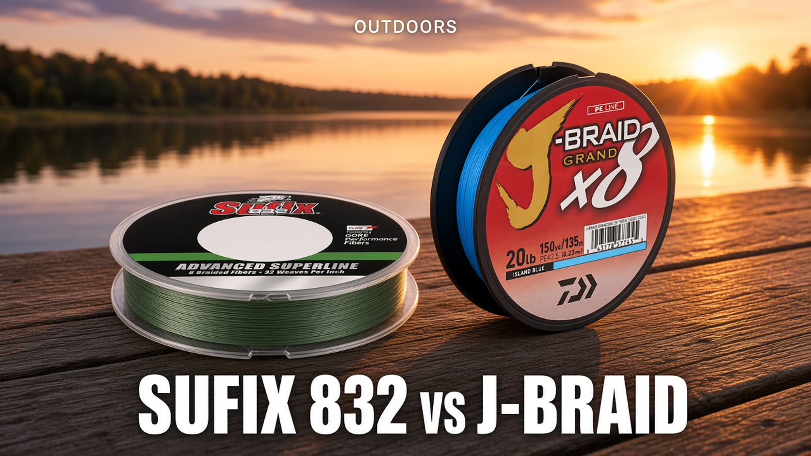 Sufix 832 and Daiwa J-Braid Grand spools on a dock at sunset, magazine cover headline Sufix 832 vs J-Braid