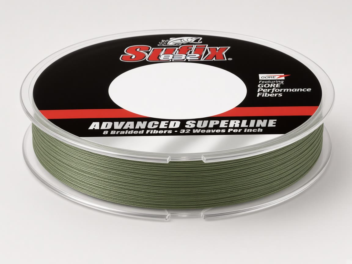 Spool of low-visibility green Sufix 832 braid on a plain background.