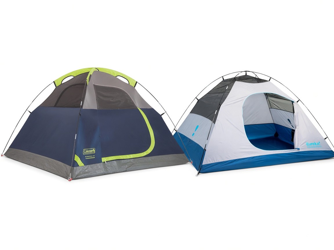 A Coleman Sundome 4 tent and a Eureka Tetragon NX 4 tent on a plain background