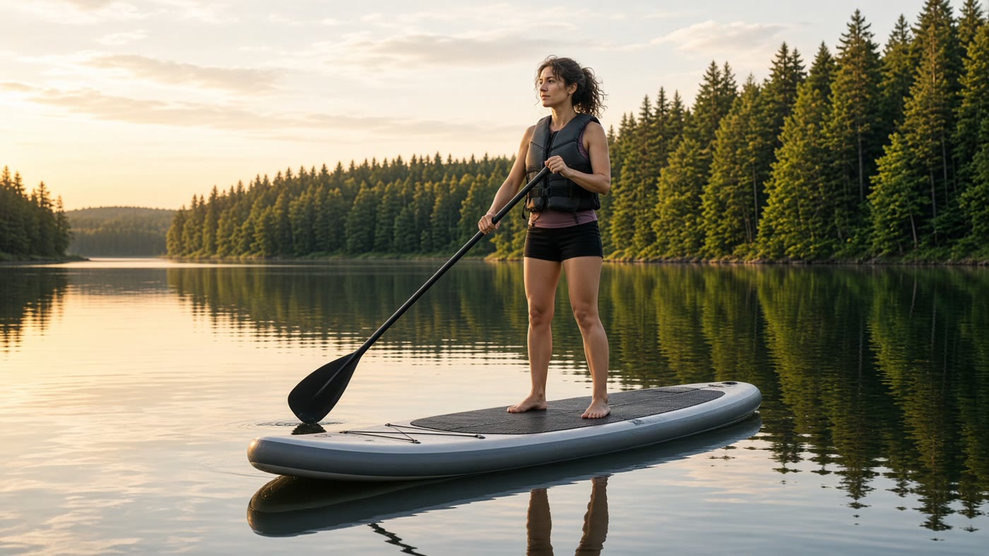 A paddler standing on an inflatable board on a calm lake