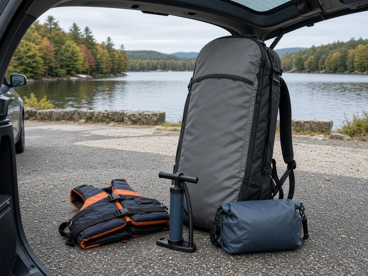 An inflatable SUP rolled beside a vest and a dry bag. The hatch is the constraint.