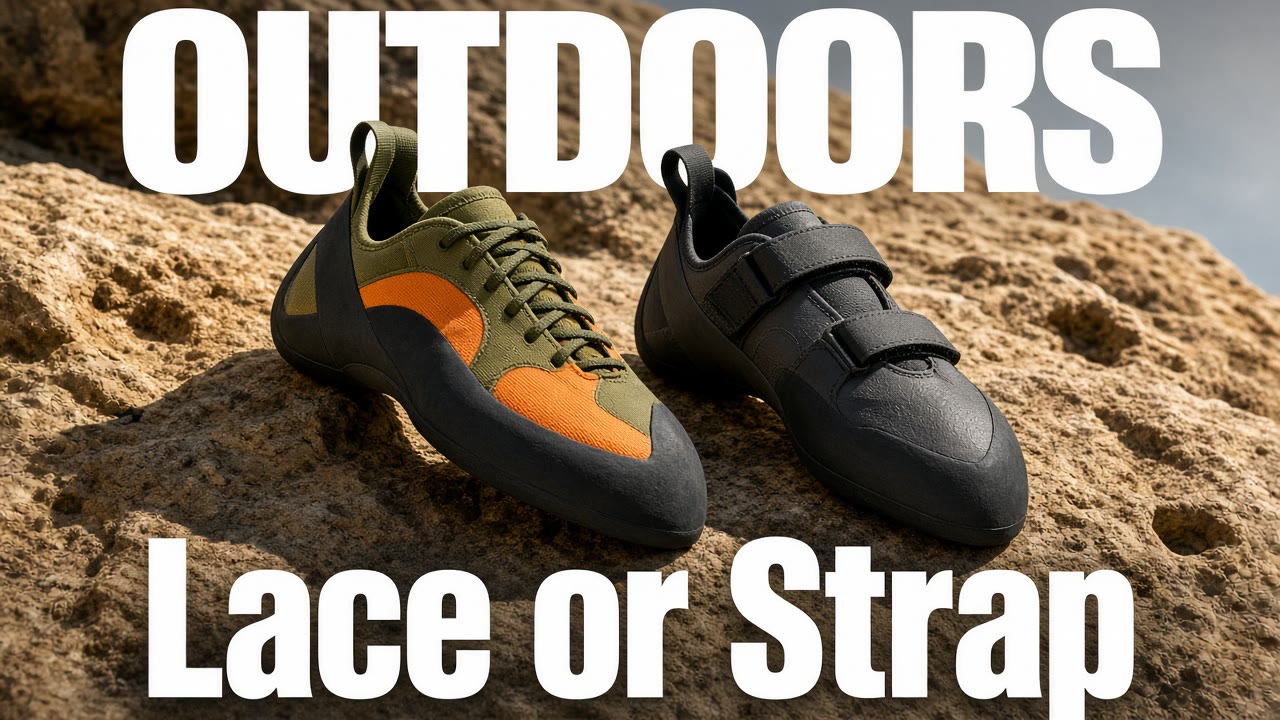 Two climbing shoes on rock, magazine cover headline Lace or Strap