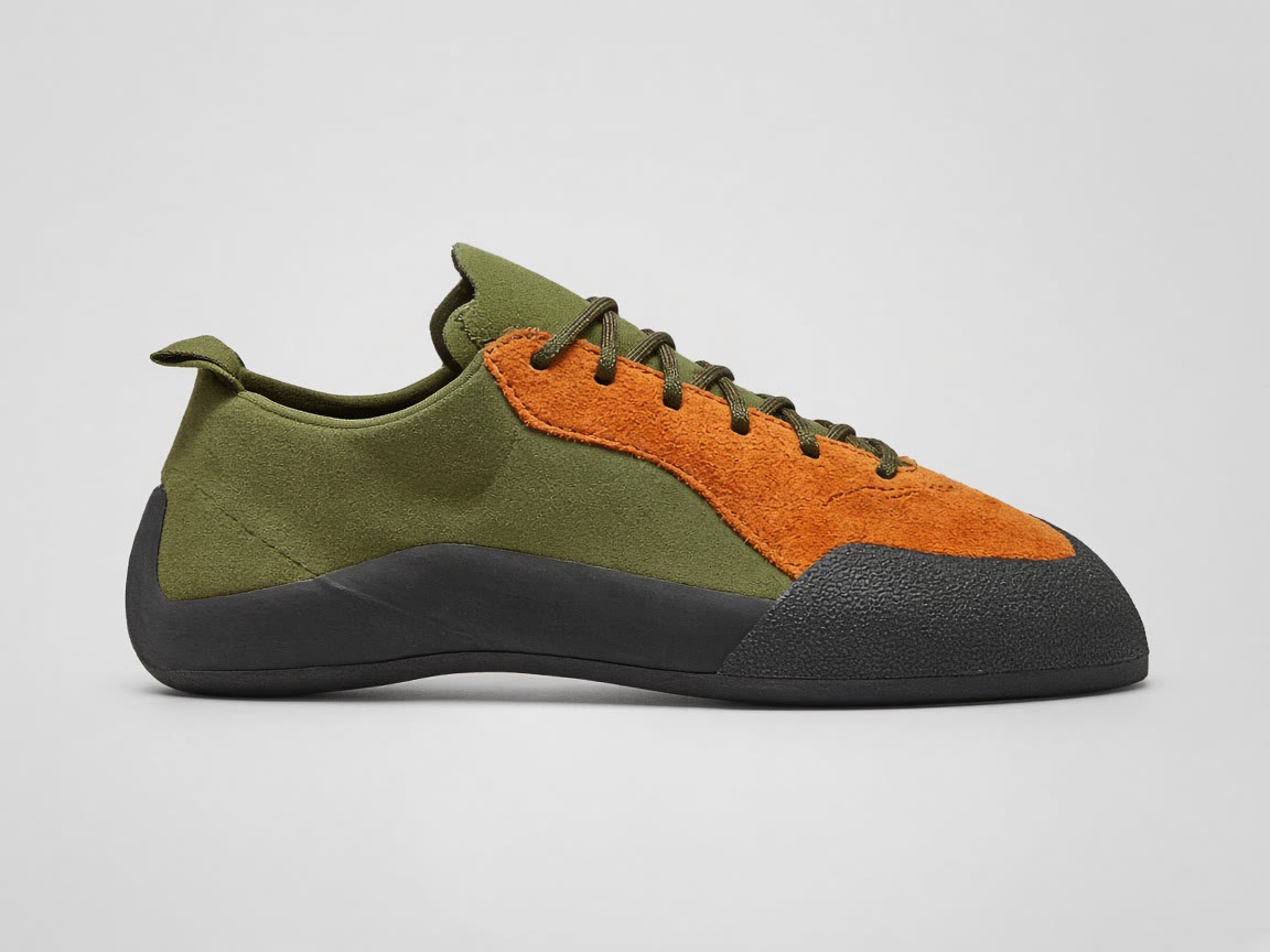 Olive and tiger lace-up climbing shoe with a rubber rand on a plain background.