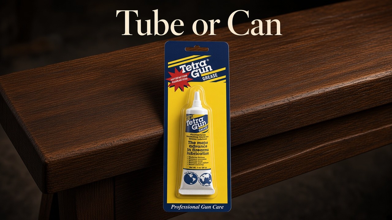 Tetra Gun Grease 1 oz tube in a blister on a bench, with the headline Tube or Can, and no firearm