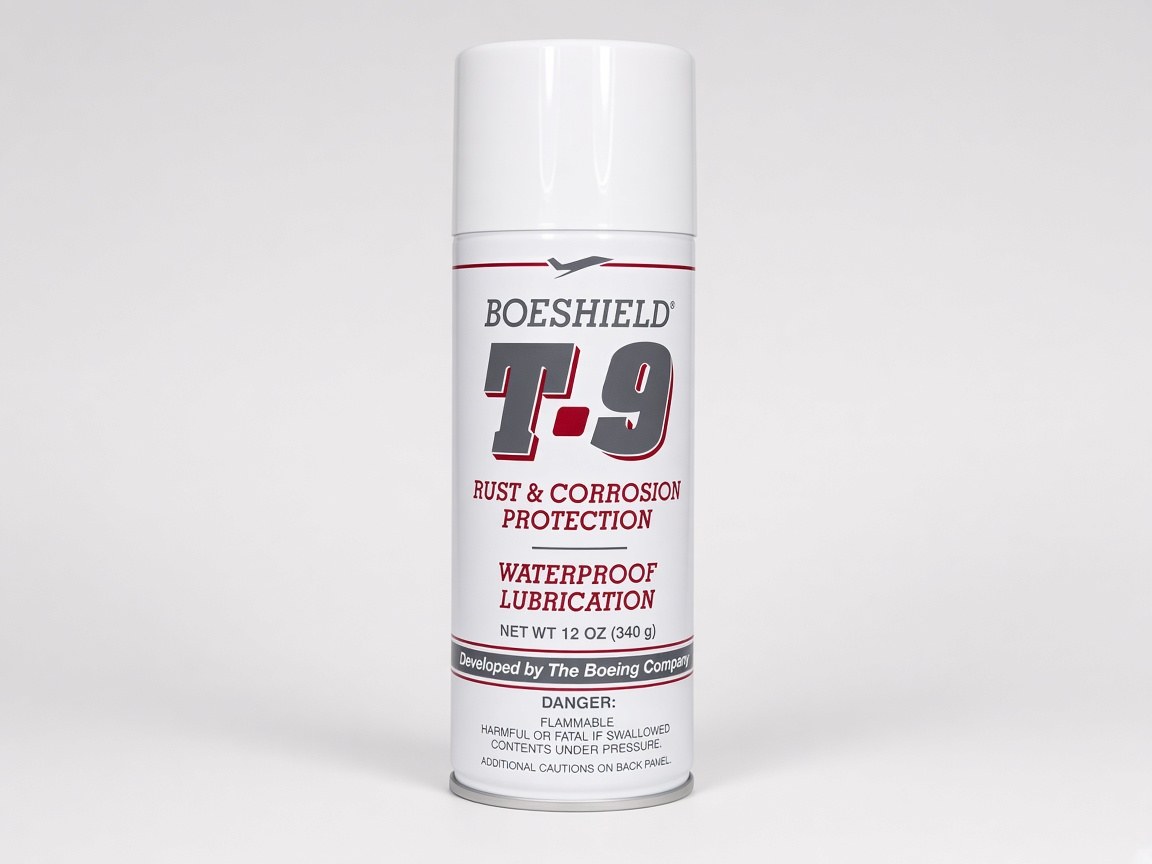 White aerosol can of Boeshield T-9, 12 ounce, rust and corrosion protection, no firearm.