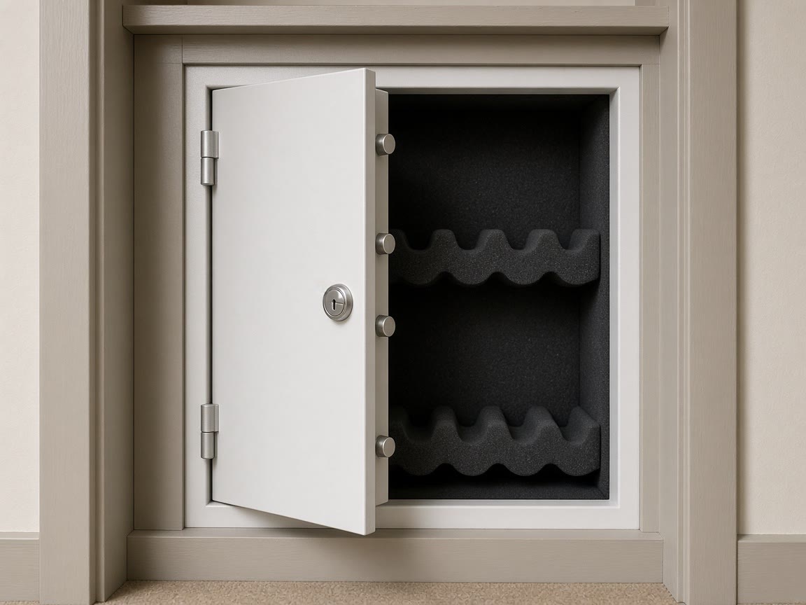 A white in-wall safe door between closet studs. The gun is not in the photo. That is the point.