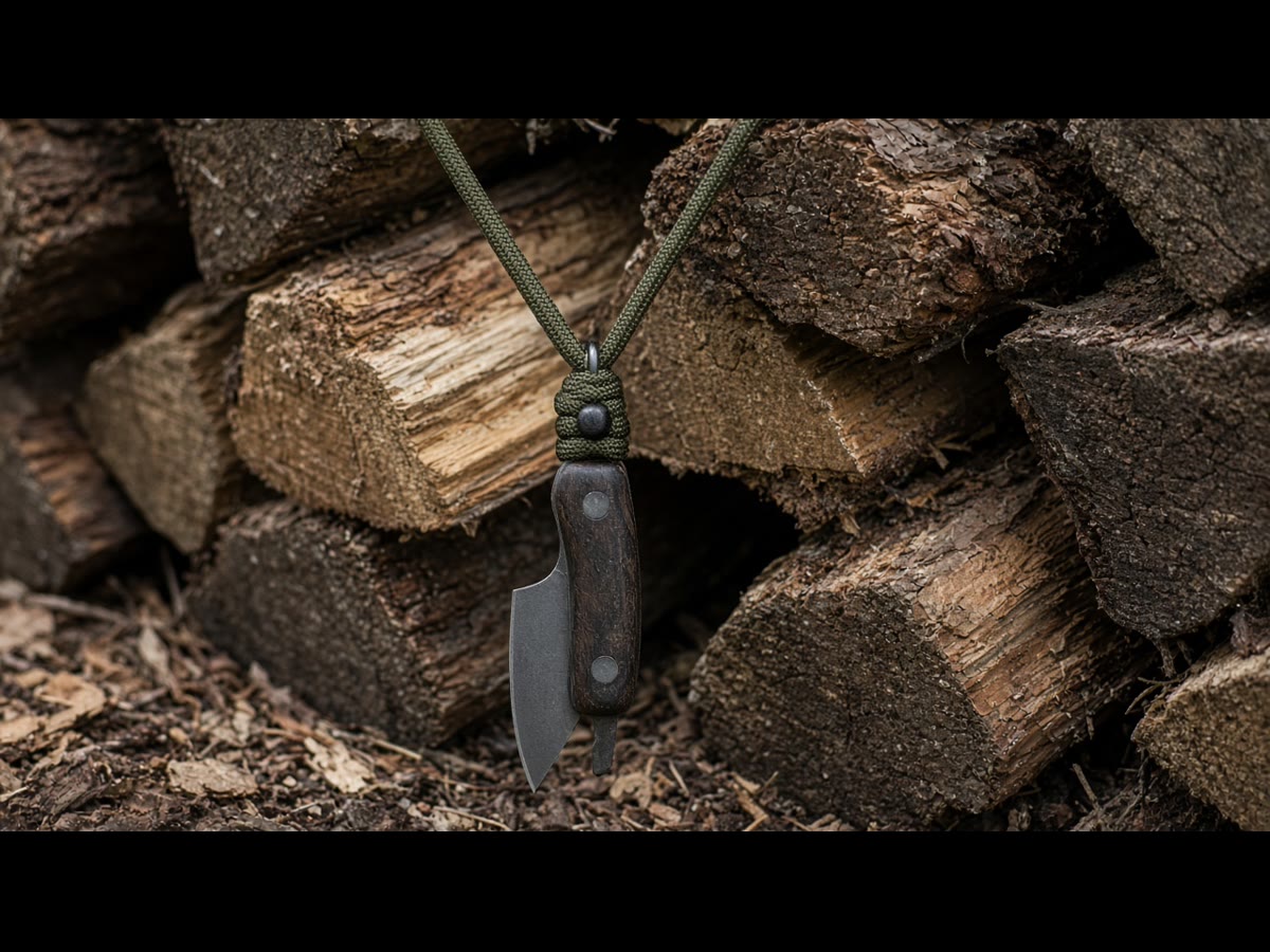 A small full-tang neck knife and sheath on a wooden bench. The click is the carry.