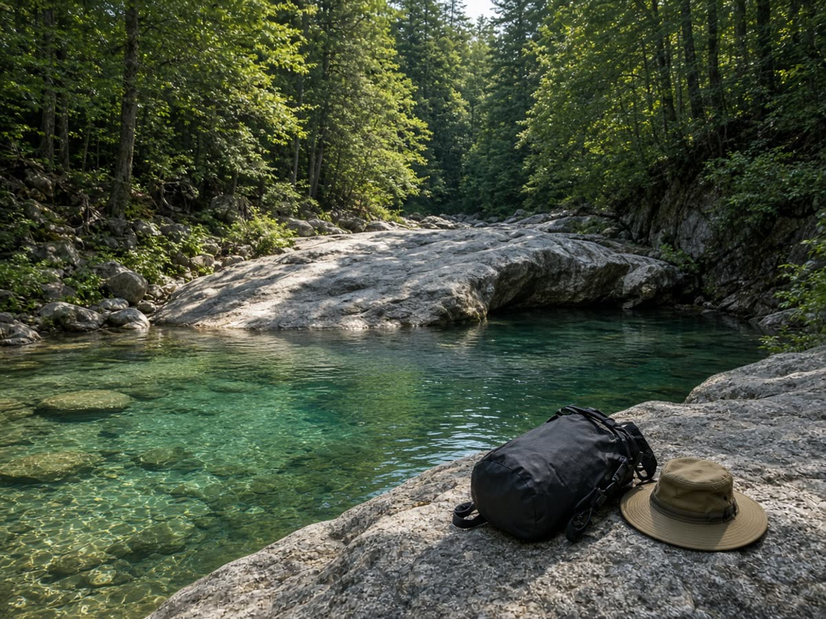 A granite ledge, a dry bag, a hole you can still climb out of. A reel jump is not a plan.