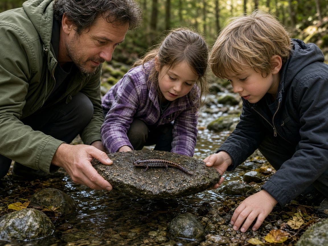 A creek, a rock, and a kid who will remember the salamander. That is the loop.