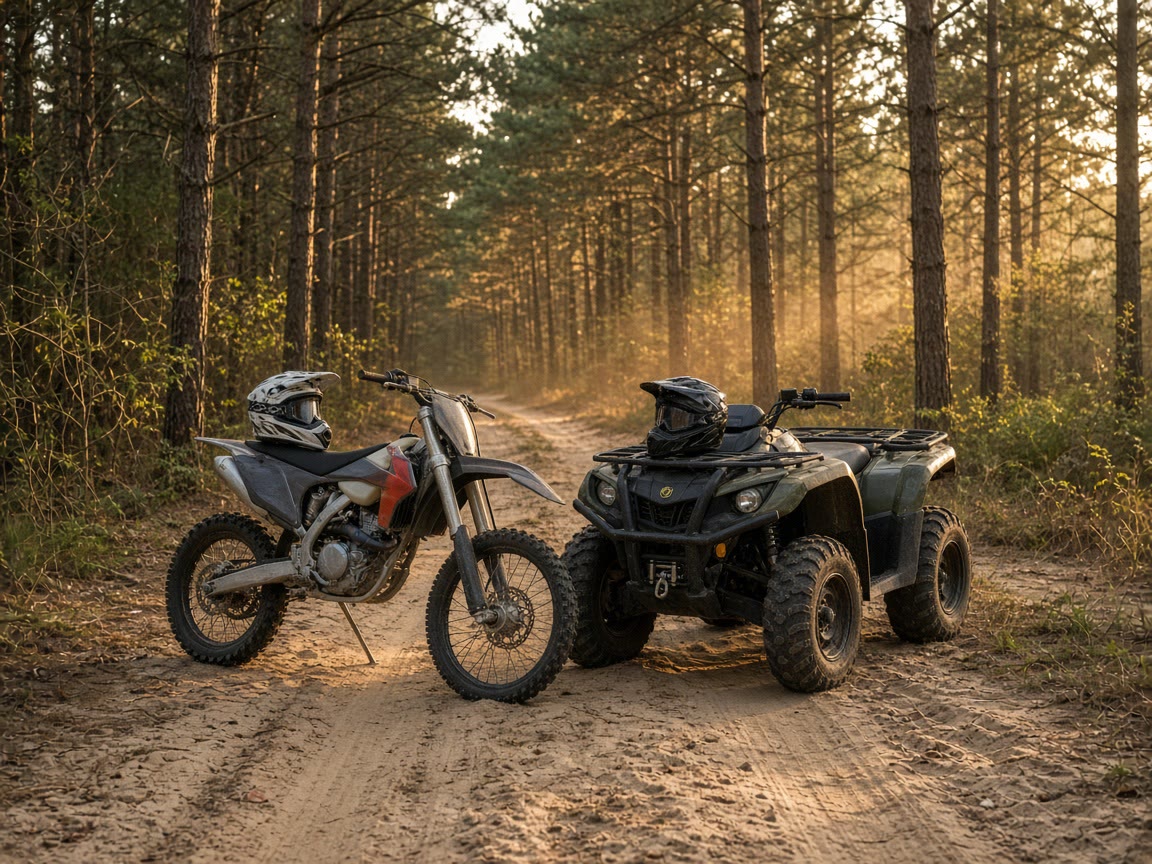 Two machines on the same two-track. The bike leans. The ATV hauls. That is the whole argument.