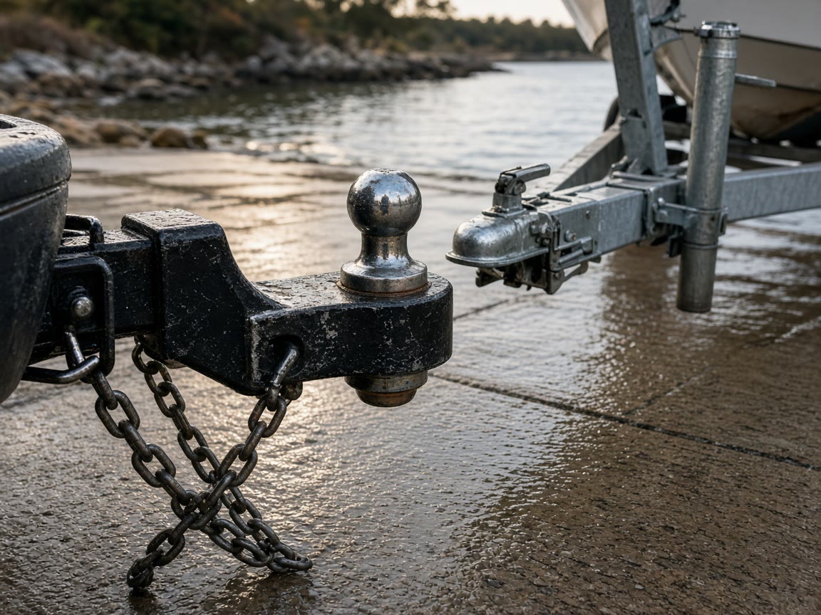 A ball mount in a receiver at a wet ramp. Level is the first number.