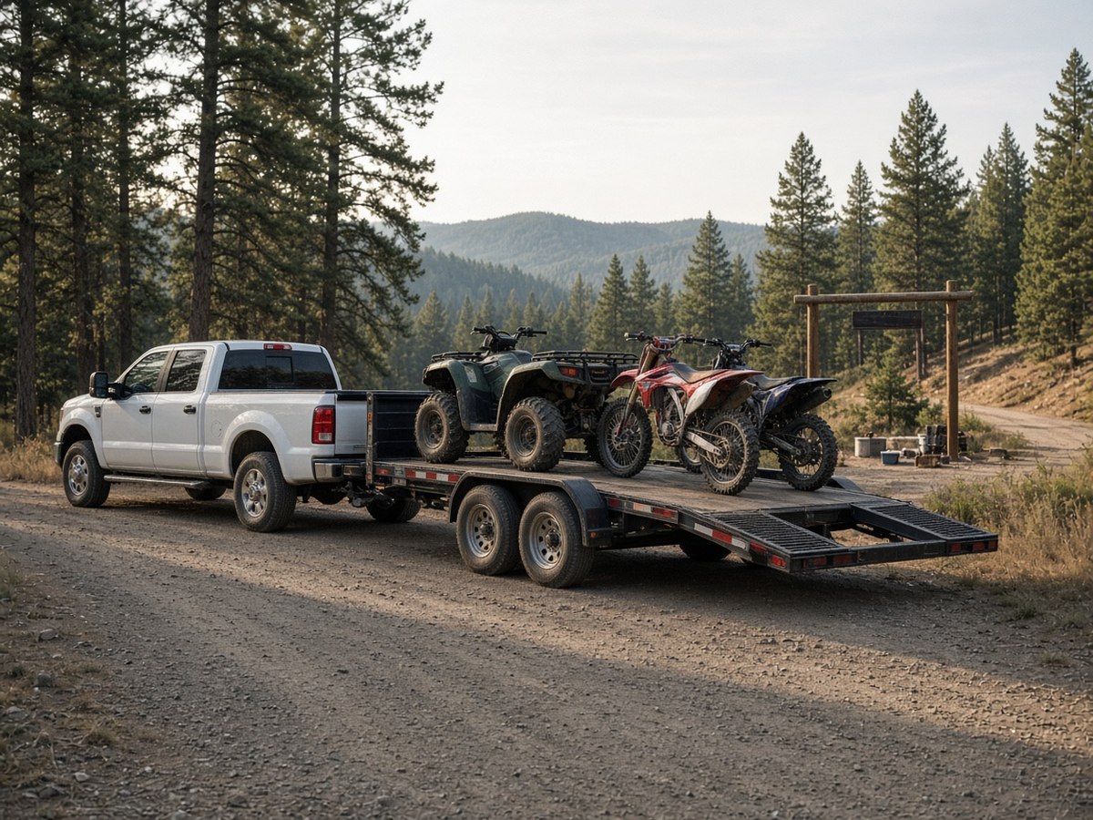 A toy hauler trailer loaded with an ATV and dirt bikes at a rural trailhead. The right hauler depends on what you are moving and whether you sleep in it too.