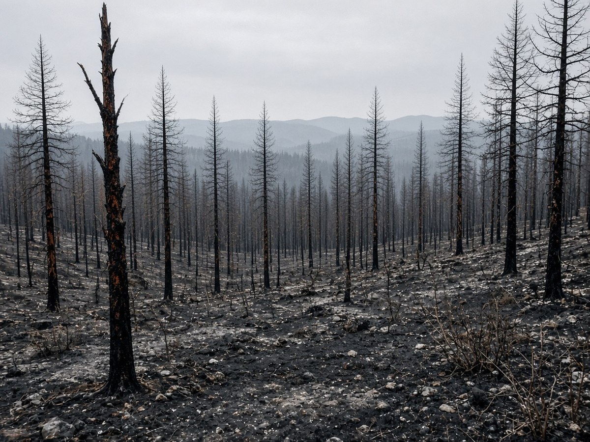A scorched hillside forest after a wildfire. Recovery from a single severe fire can take a decade or more, and repeated fire cycles compound that damage before recovery finishes.