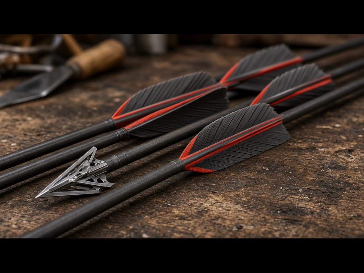 Carbon hunting arrows on a bench. Spine first. Then the point.
