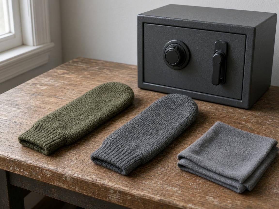 Knit sleeves on a bench next to a closed safe. The gun is not in the photo. That is the point.
