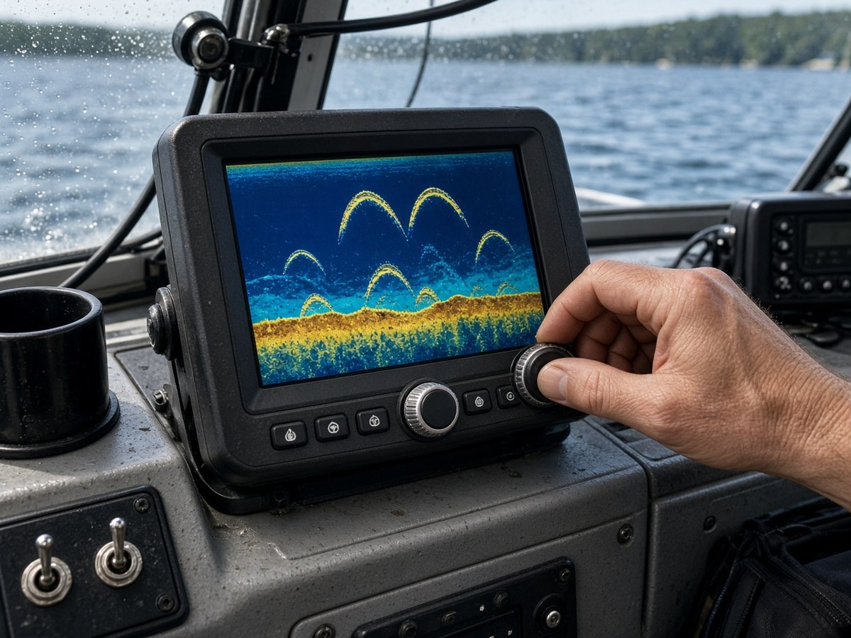 A boat electronics console showing a live scanning sonar display with fish arches visible in real time. LiveScope changed how serious anglers approach vertical and structure fishing.