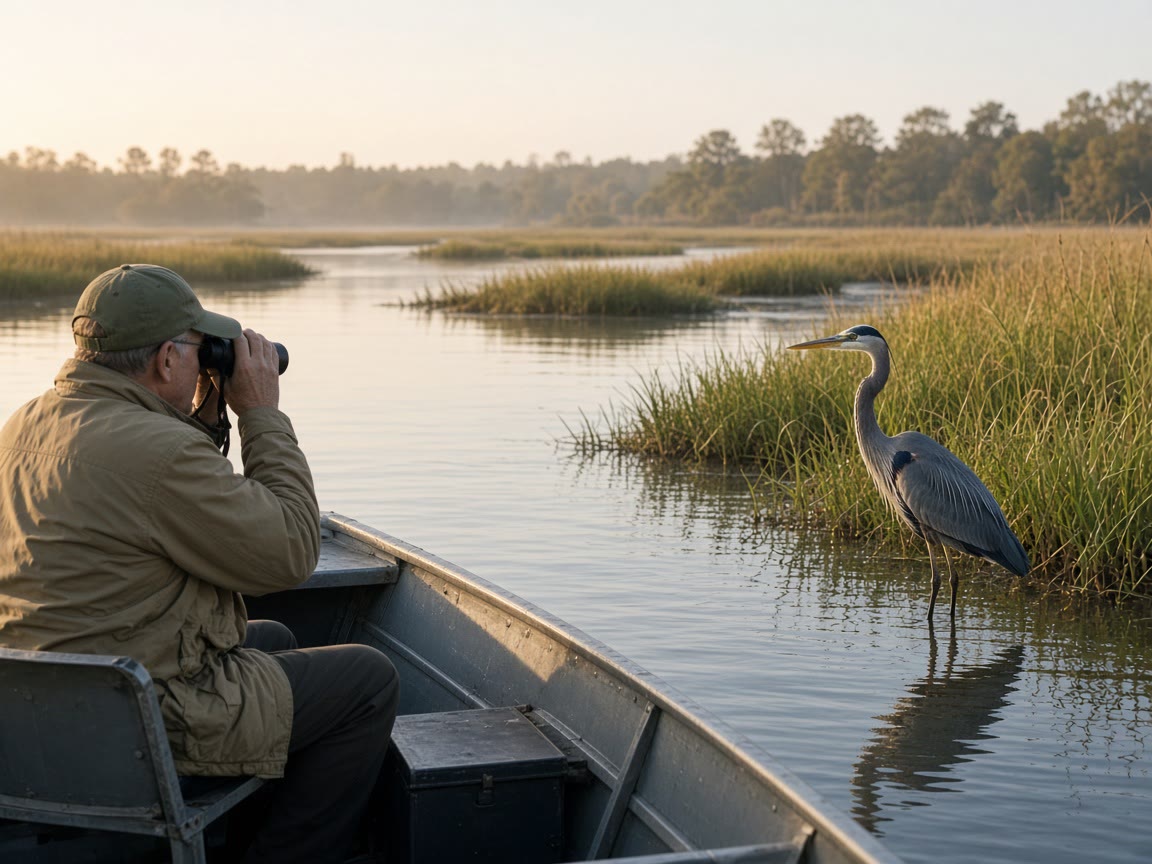 Binoculars and a heron that has not moved. That is the distance.
