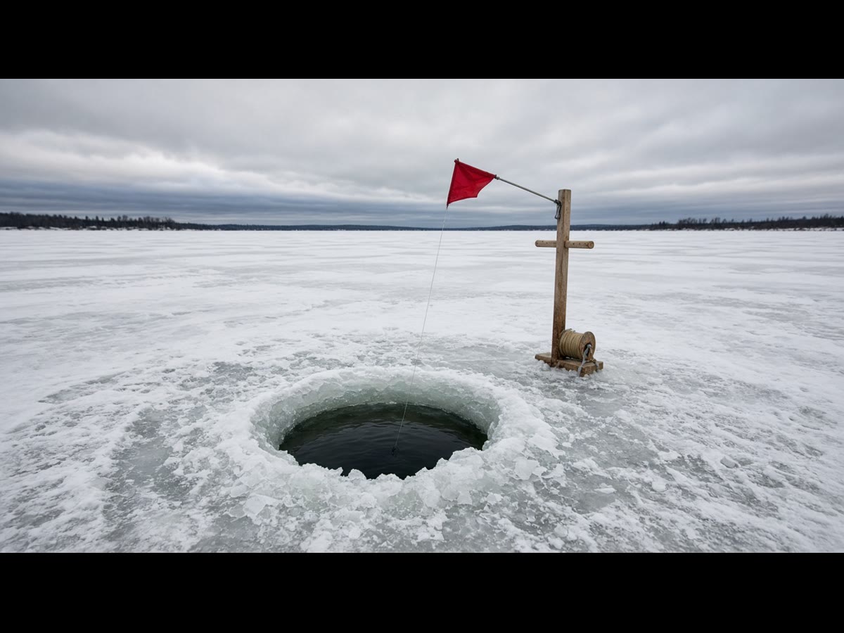 A frozen bay, two anglers, a tip-up. Name the species. Then the hour.