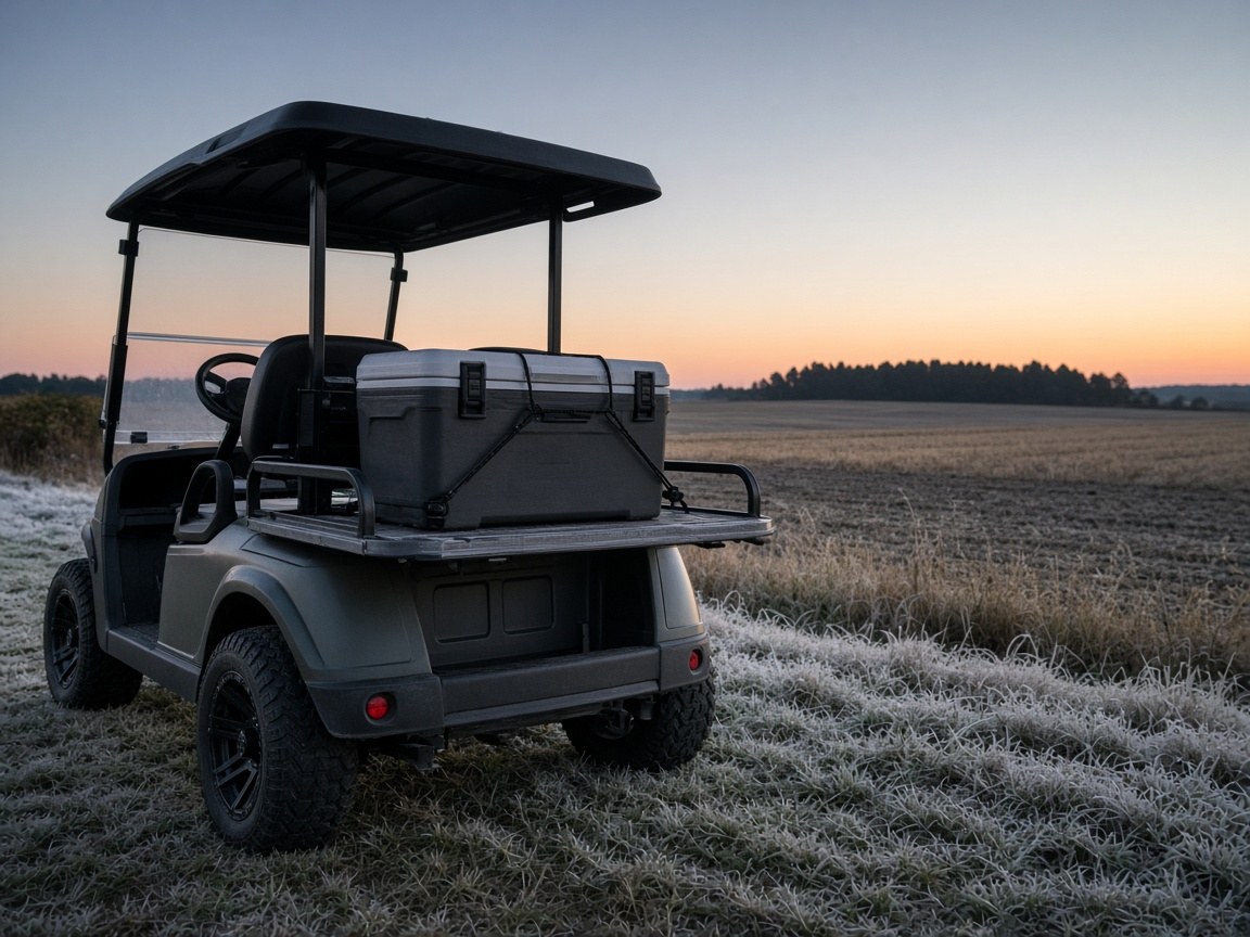 A cooler strapped on a utility cart at a field edge. The last two hundred yards are still a walk.