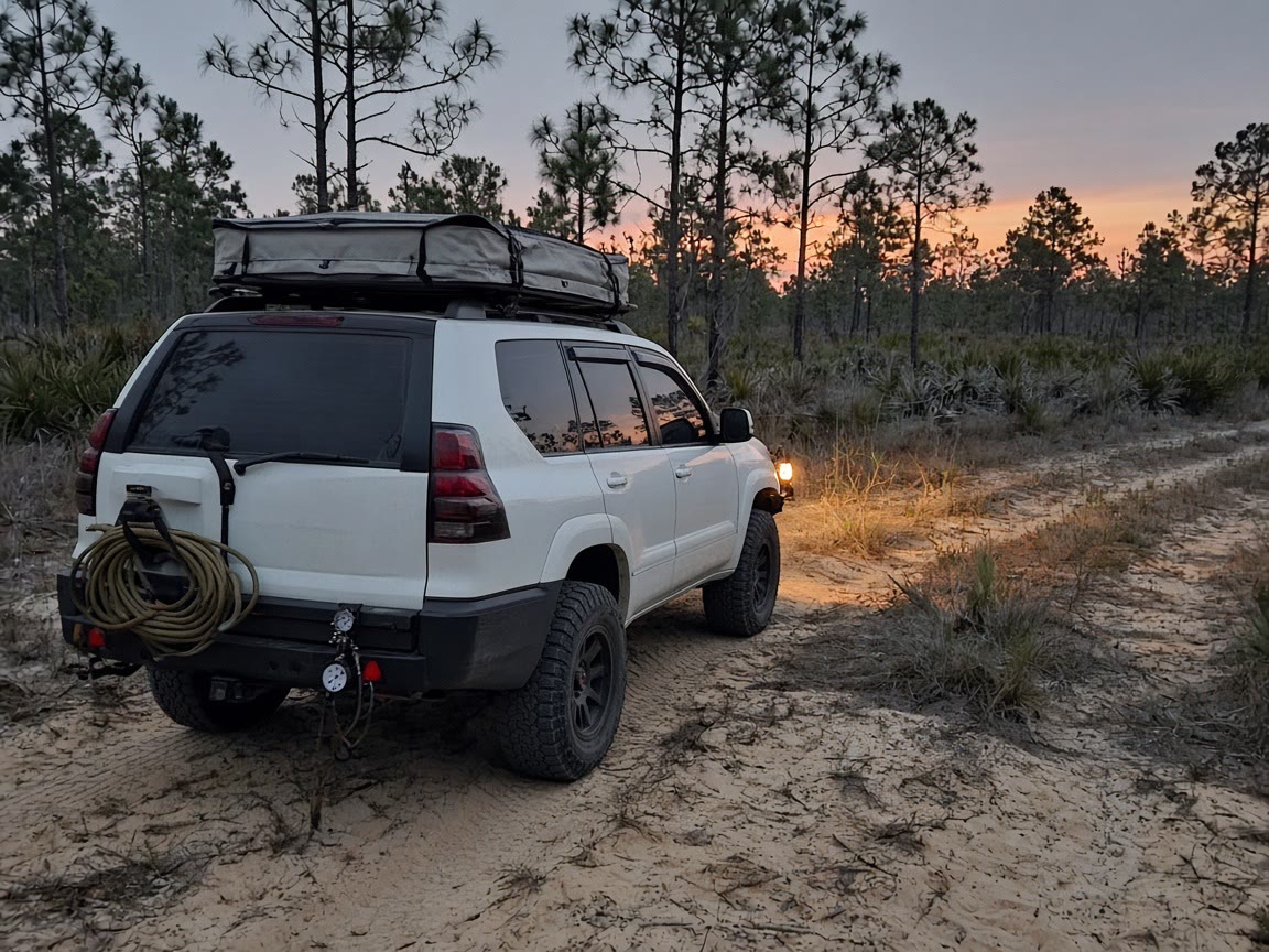 A roof tent closed, a rope on the bumper, sand you walked. Taller is not a campsite.