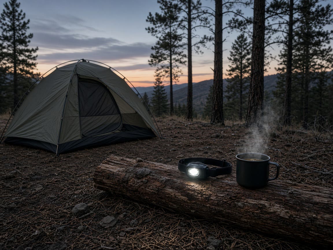 A small tent and a headlamp at dusk. The night is a lot you can leave, not a test.