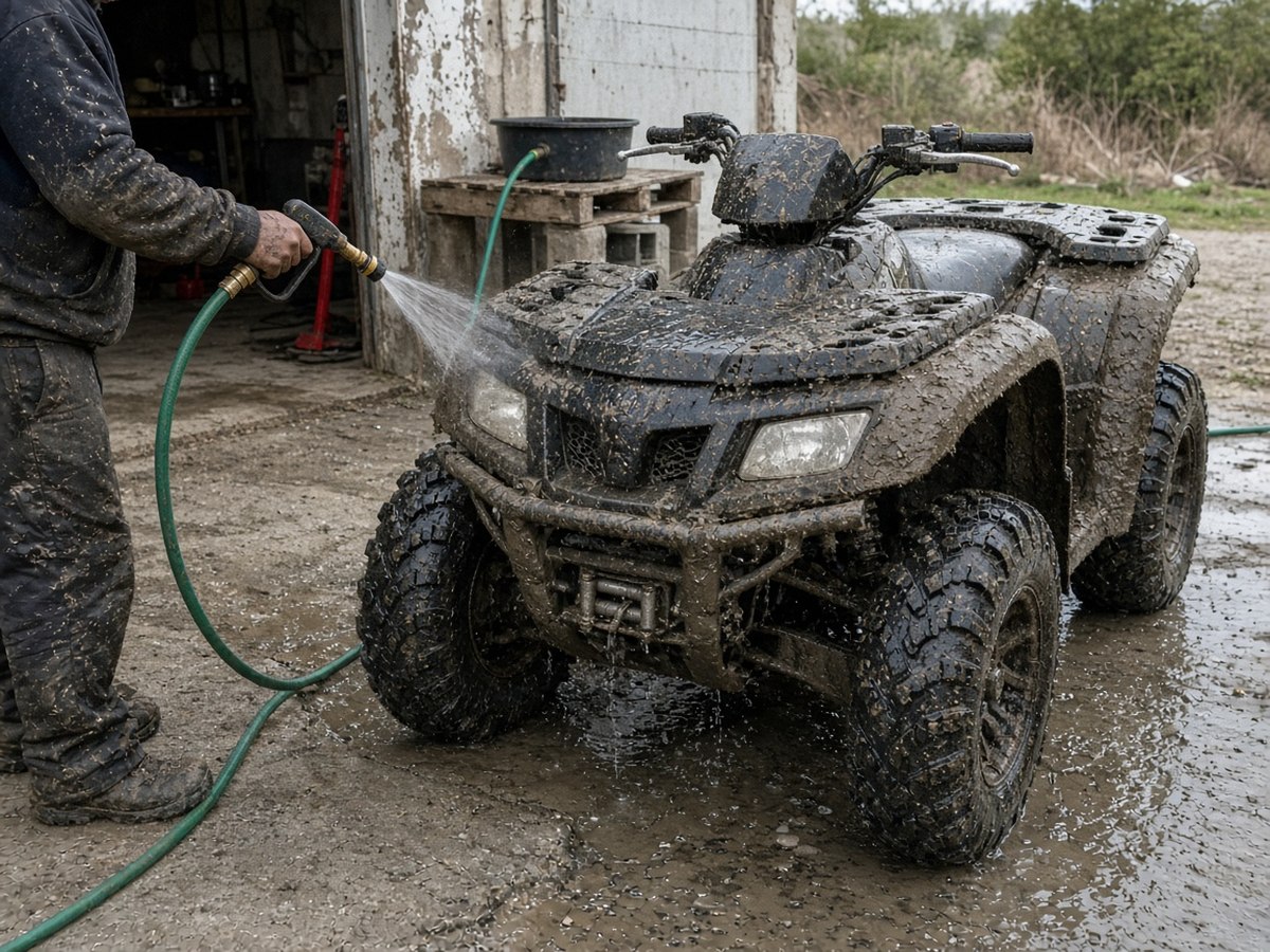 Rinsing mud off an ATV at a home wash station. Low pressure near bearings and seals prevents grit from being driven deeper into the parts that matter.