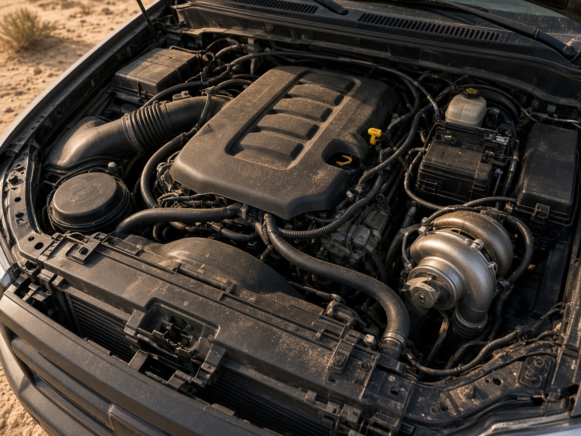A diesel pickup on a dirt grade with a visible air intake