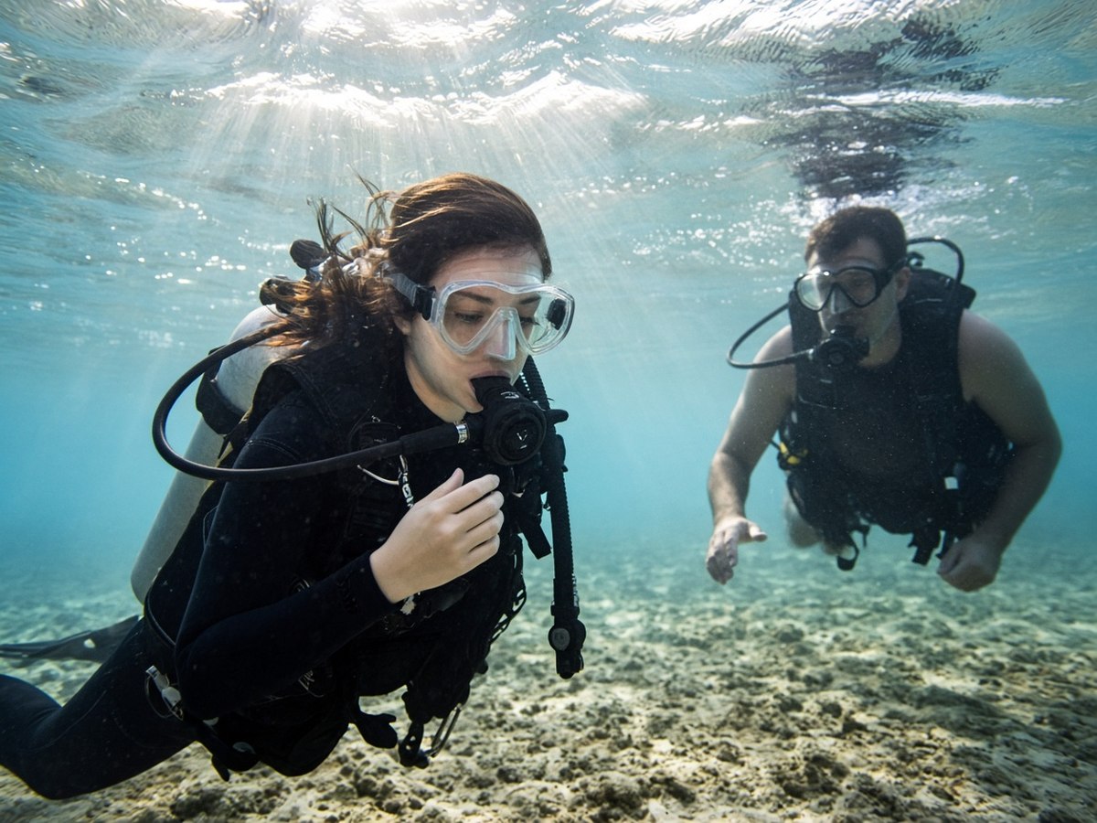 A beginner diver practicing calm, controlled breathing in clear shallow water. Comfort in the water comes from repetition and breath control, not forcing through anxiety.