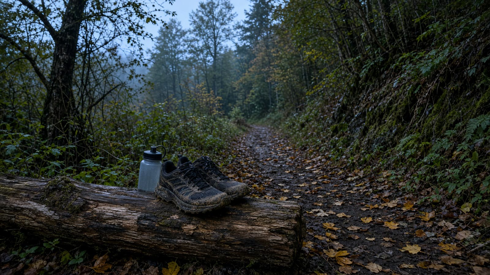 A cool September singletrack at dawn with wet leaves and a headlamp start