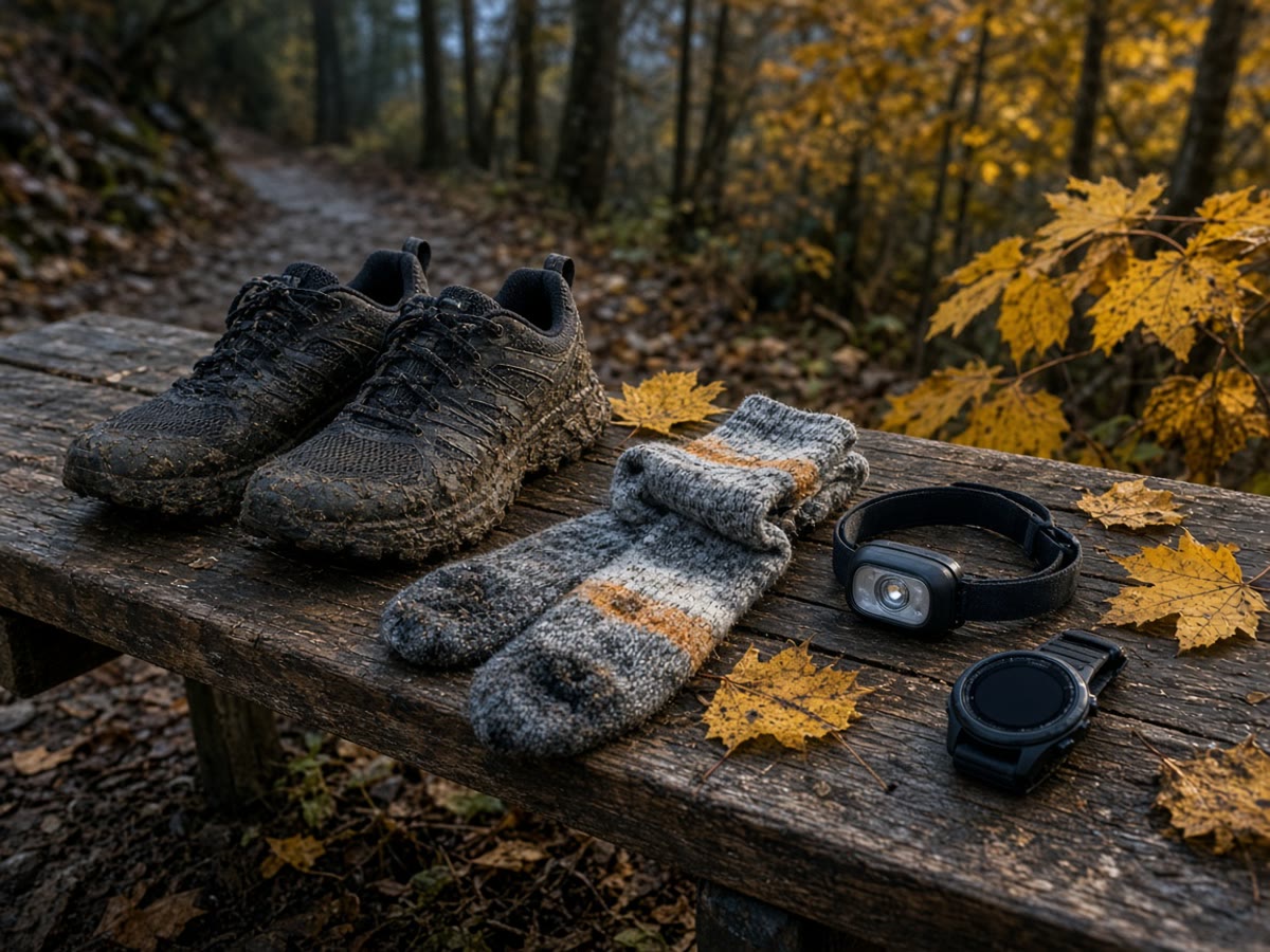 A headlamp and trail socks on a cool September singletrack. The cool is the gift. Early dark is the tax.