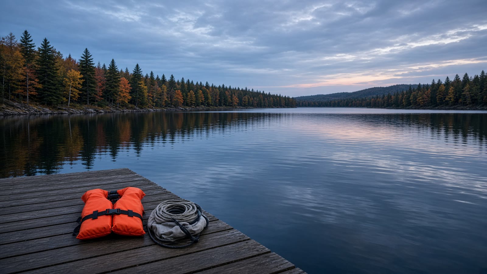 A clear September lake cove with a filter pouch on a rock at the waterline